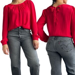 LOFT red tie back blouse button detail pleated sleeves small